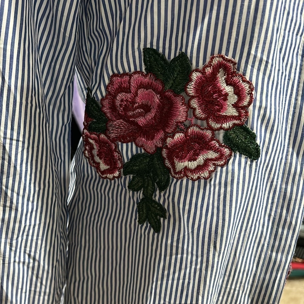 Striped Embroidered Button-down Blouse Tunic Dresa - Picture 5 of 10